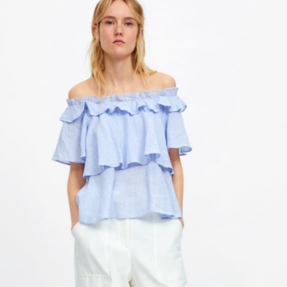 ZARA Tiered Ruffled Baby Blue Off Shoulder Top